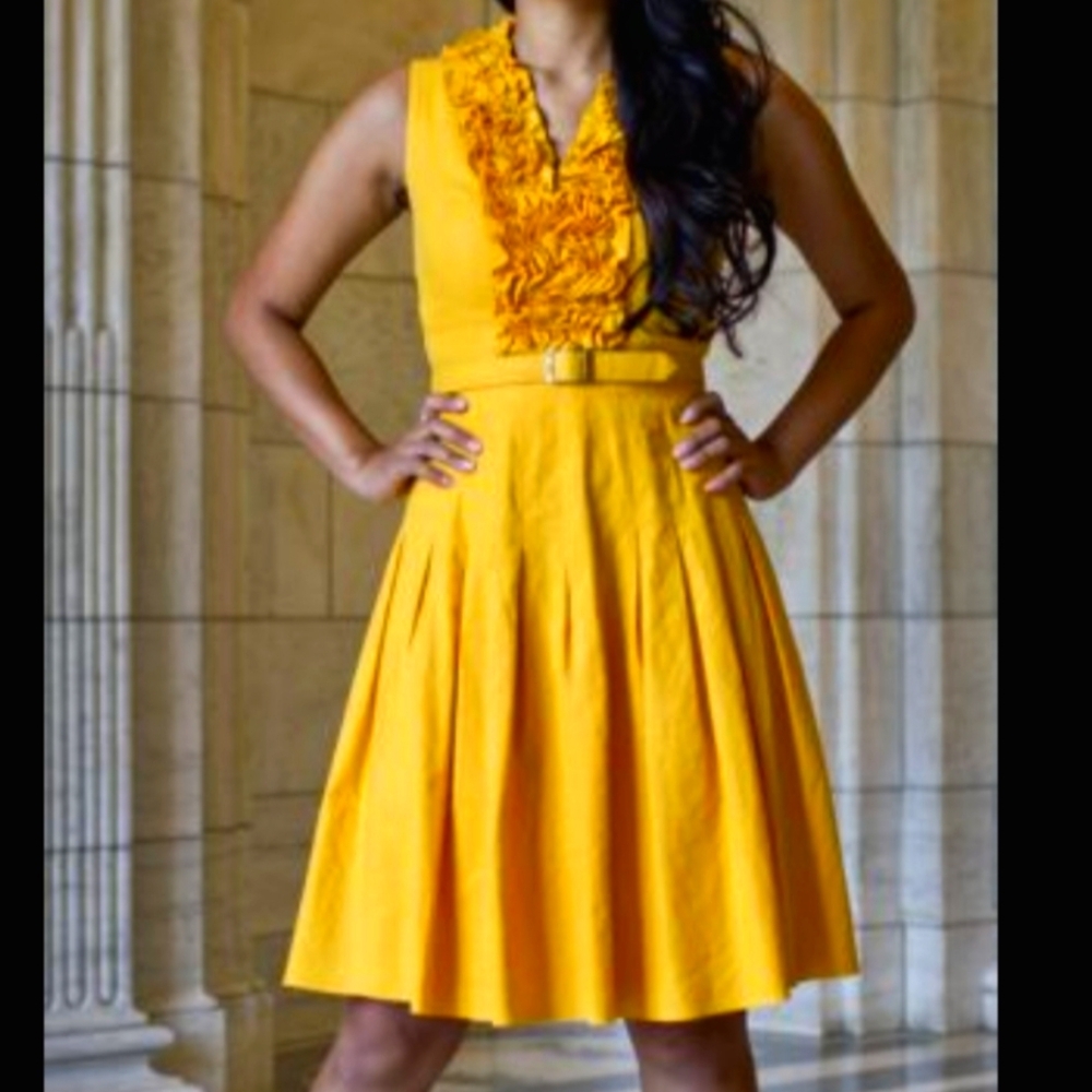 Cache Golden Yellow Ruffle Midi Dress Size 12 • Romantic Vintage-Inspired Style - Picture 4 of 13
